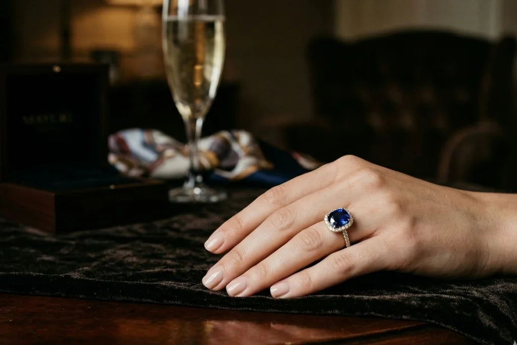 Anillo de Zafiro azul profundo talla cojín rodeado de diamantes, llevado en el anular