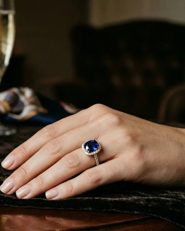 Bague saphir bleu profond taille coussin entourée de diamants, portée à l'annulaire