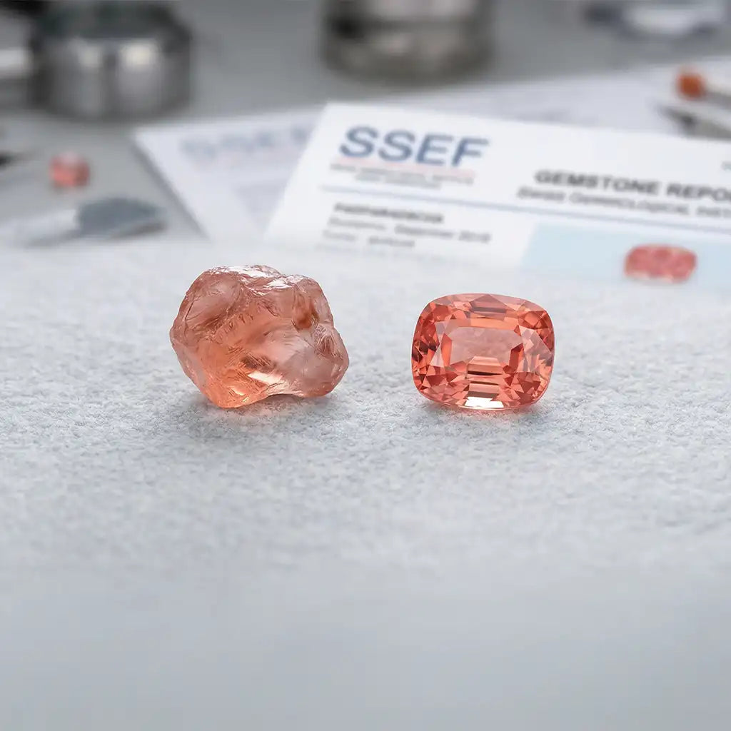 Zafiro padparadscha de Sri Lanka, color rosa anaranjado salmón, sobre fondo gris nieve