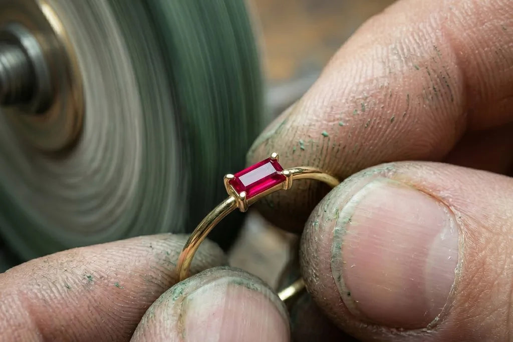 Pulido artesanal de un anillo de oro amarillo de 18k en el taller Mayuri, mantenimiento profesional