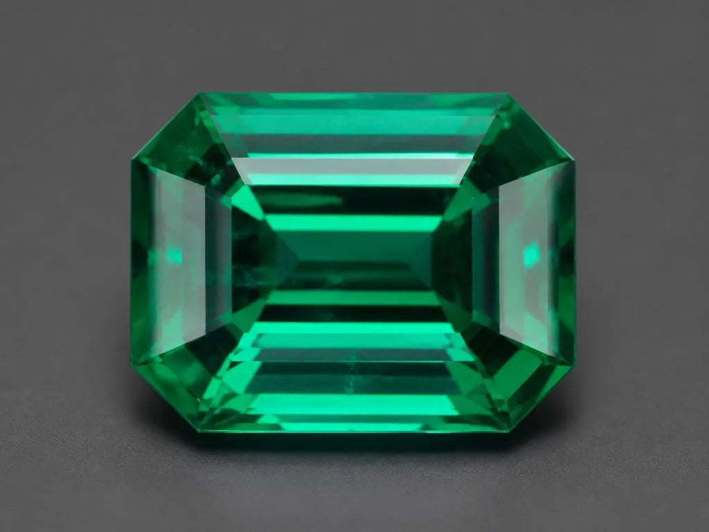 Esmeralda natural tallada en talla octogonal que muestra las facetas y el color verde saturado
