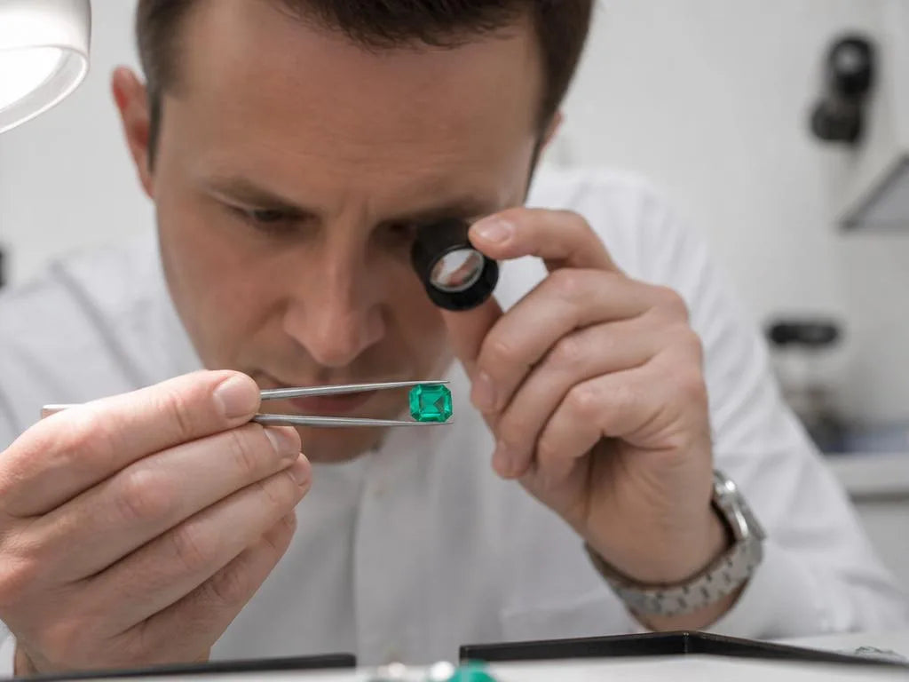 Gemólogo profesional examinando una Esmeralda natural tallada con lupa y pinzas en laboratorio