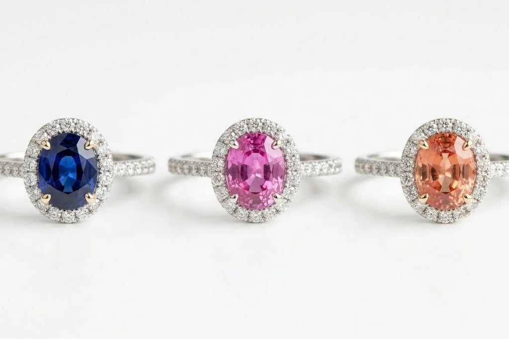 Tres anillos de compromiso Mayuri con zafiros de diferentes colores, azul real, rosa y padparadscha, engastados en oro blanco con orla de diamantes