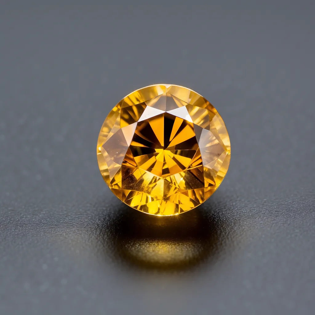 Zafiro amarillo natural tallado en talla brillante redonda, con facetas visibles bajo luz profesional