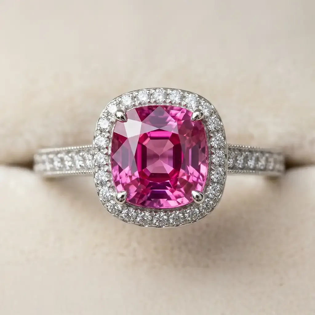 Anillo de zafiro rosa natural talla cojín, engastado con un entorno de diamantes en oro blanco
