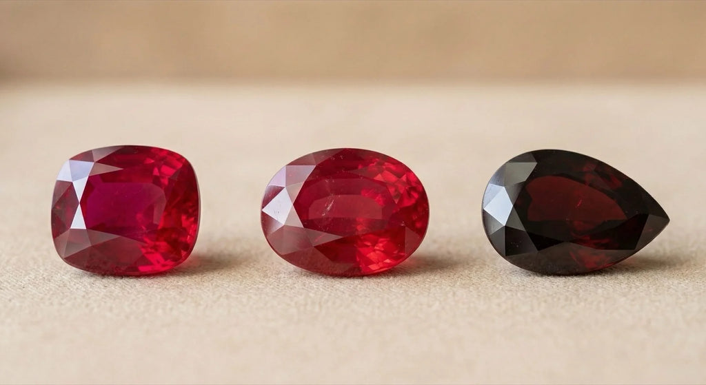 Comparativa de los matices de rojo del Rubí: sangre de paloma birmano, rojo medio y rojo oscuro