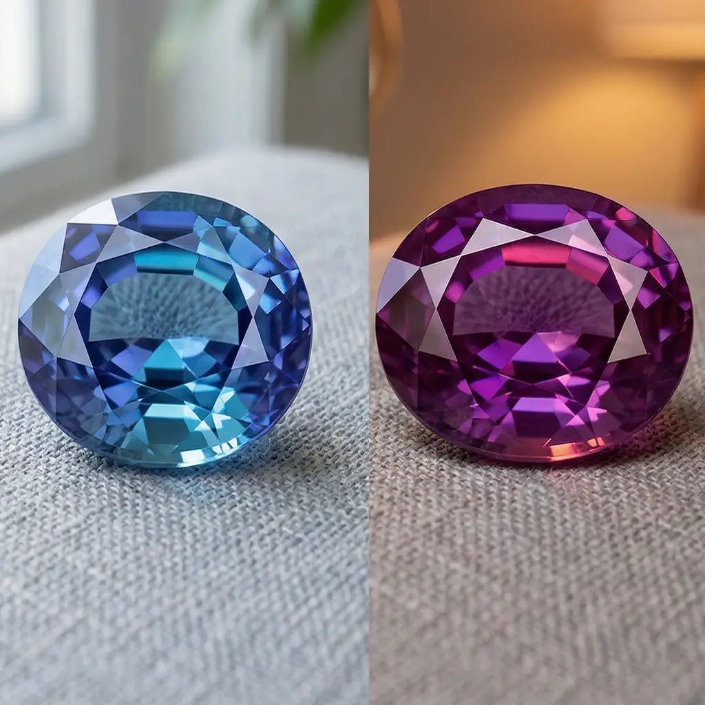 Zafiro con cambio de color azul-violeta a la luz del día y violeta-púrpura a la luz incandescente