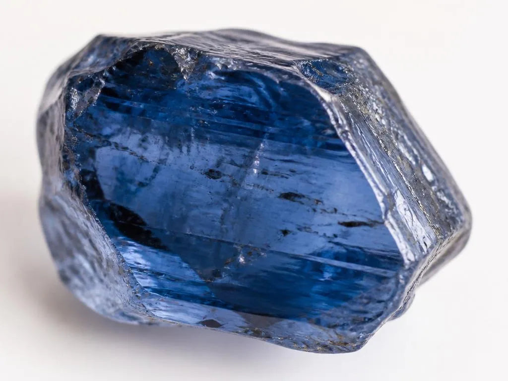Cristal de Zafiro azul natural en bruto que muestra inclusiones características antes del tratamiento térmico