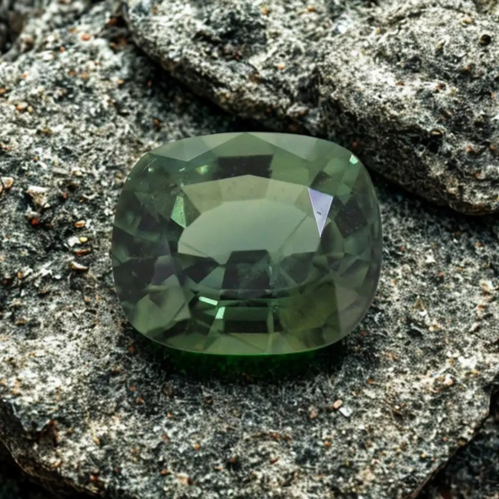Zafiro verde natural talla cojín sobre roca bruta