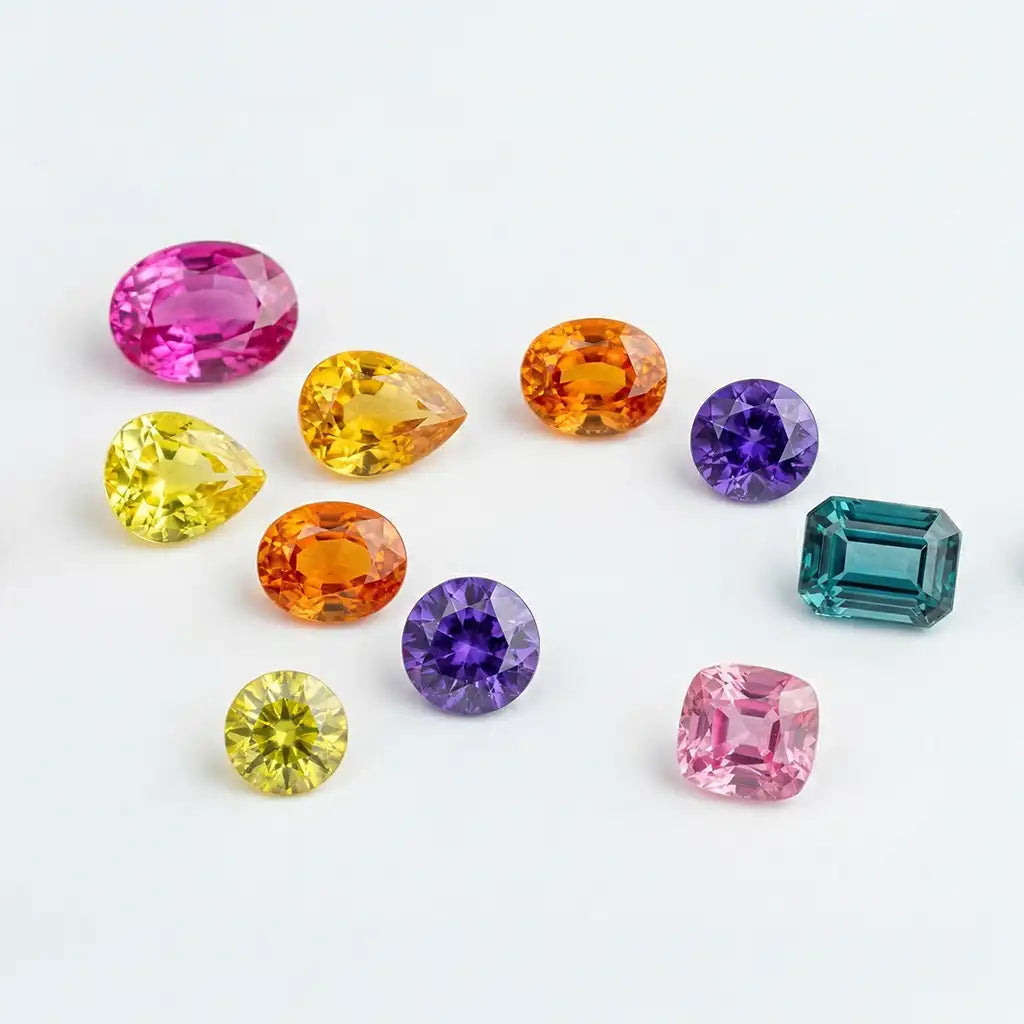 Composición de zafiros de colores variados, rosa, amarillo, naranja, violeta y teal, sobre fondo blanco