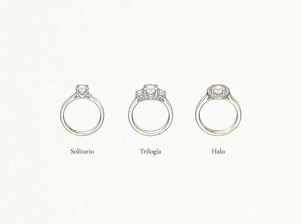 Ilustración de los tres tipos de anillo de compromiso: solitario, trilogía y halo