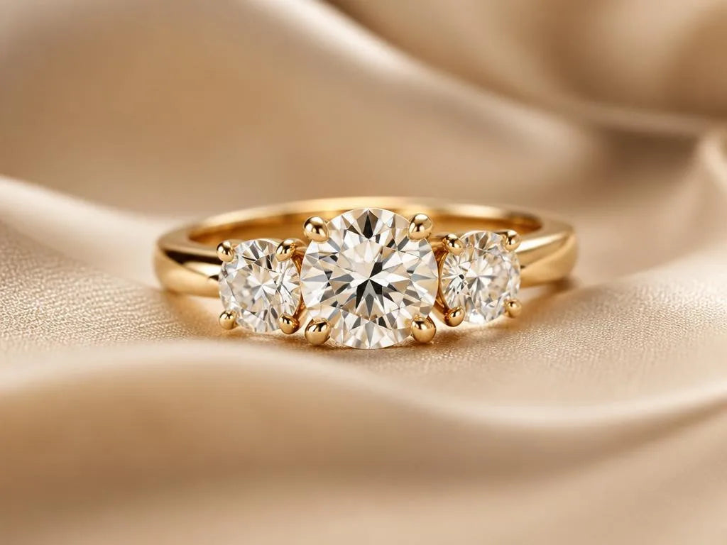 Anillo de compromiso trilogía en oro amarillo de 18 quilates, tres diamantes redondos, con la piedra central más grande