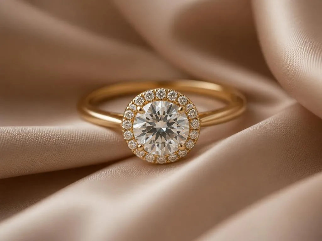 Anillo de compromiso halo en oro amarillo de 18 quilates, diamante central rodeado de un círculo de pequeños diamantes
