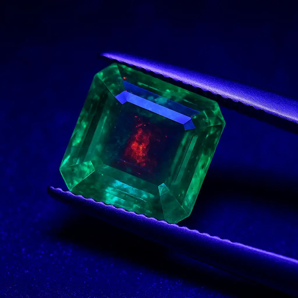 Test de fluorescencia UV sobre una esmeralda natural bajo lámpara ultravioleta de 365 nm